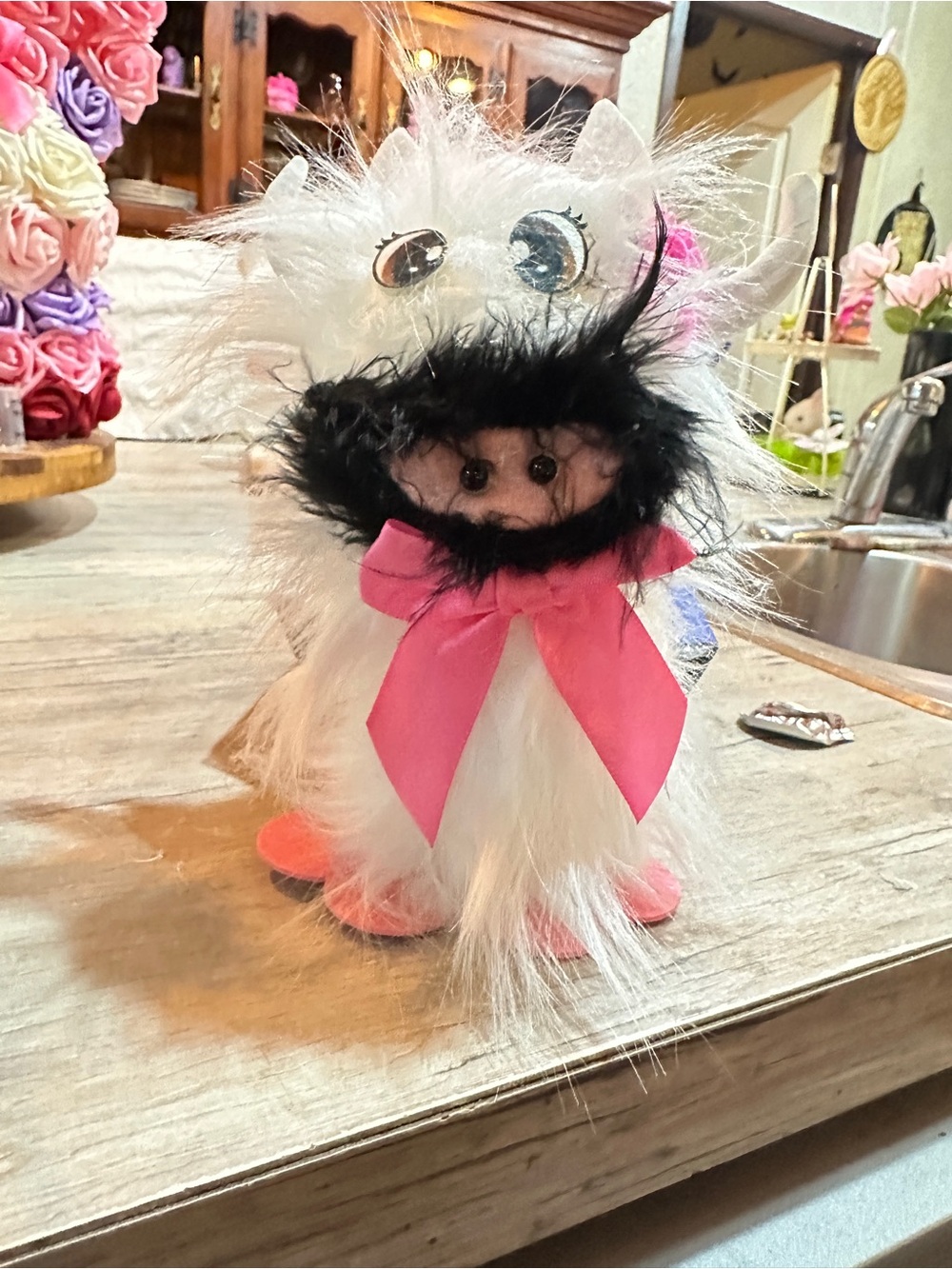 Plush Fluffy Cat Toy with Pink Bow - Soft White and Pink EACH